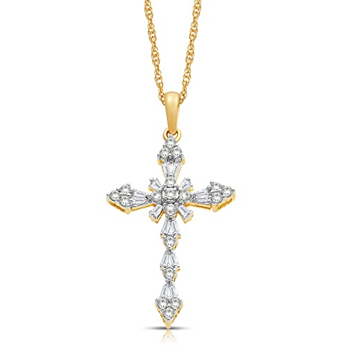 Jewelili Cross Pendant Necklace in 10K Yellow Gold with 1/2 Cttw Natural  White round and baguette Diamonds 18