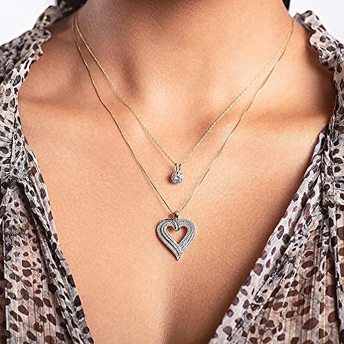 Jewelili Heart Necklace Pendant with Natural White Round and Baguette  Diamonds 1/2 Cttw in 10K Yellow Gold 18