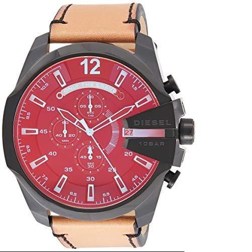Diesel Men's Mega Chief Quartz Stainless Steel and Leather Chronograph  Watch, Color: Black, Brown (Model: DZ4476)