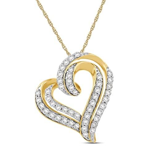 Jewelili Diamond Necklace Heart Jewelry in Yellow Gold Over Sterling Silver & 1/4 Cttw Diamond