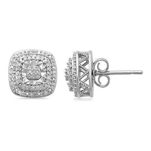 Jewelili Sterling Silver Double Halo Diamond 1/4 CTTW Stud