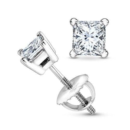 1/2 0.5 Carat Princess Cut Diamond Stud Earrings Earth-mined 14K White Gold (I-J I1-I2)