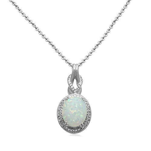 Jewelili Sterling Silver Created Opal Oval with Diamond Pendant Neckla –  4aShopOnline